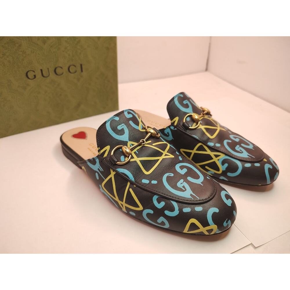 Gucci Princetown Mule Black GG Graffiti Horsebit Leather Slides Size 35 Italy